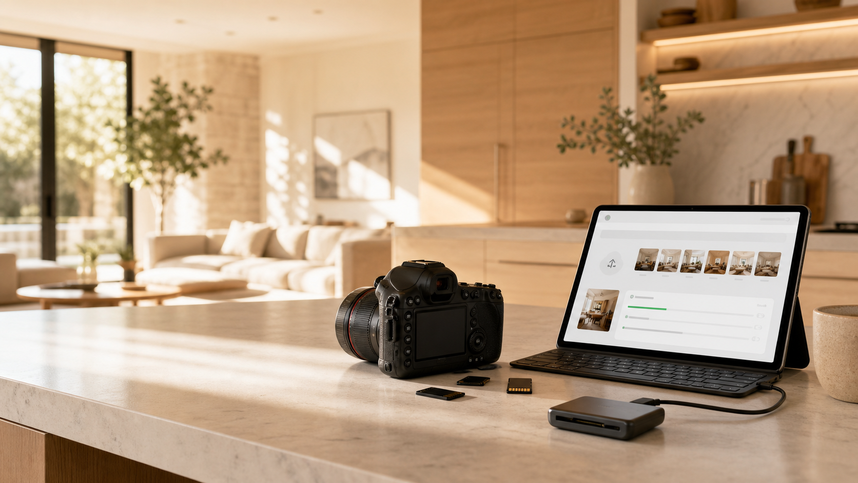 Real estate photography gear, memory cards, and upload screen in a warm staged home interior